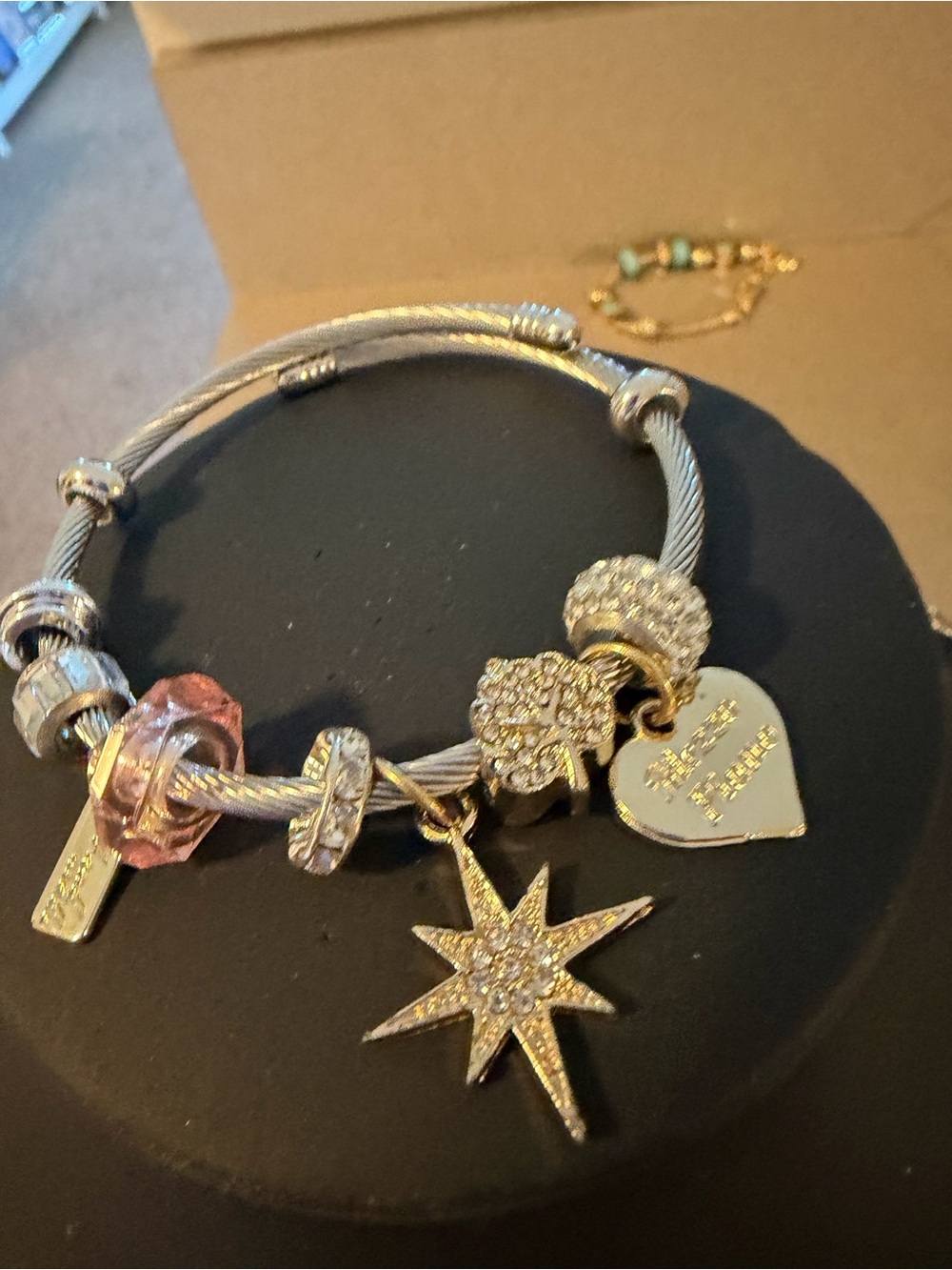 Heart & Star Charm Bracelet with Pink Bead